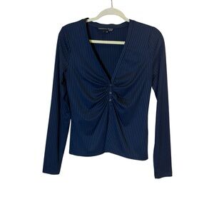 Veronica Beard Navy Pinstripe V-Neck Long Sleeve Top